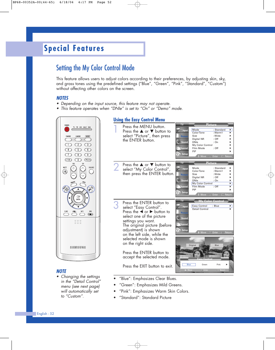 Special features, Setting the my color control mode, Using the easy control menu | Samsung HL-P5085W User Manual | Page 52 / 91