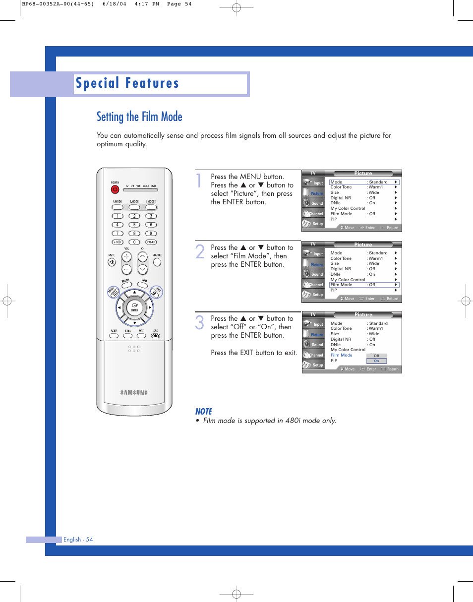 Special features, Setting the film mode, Film mode is supported in 480i mode only | Samsung HL-P5085W User Manual | Page 54 / 91