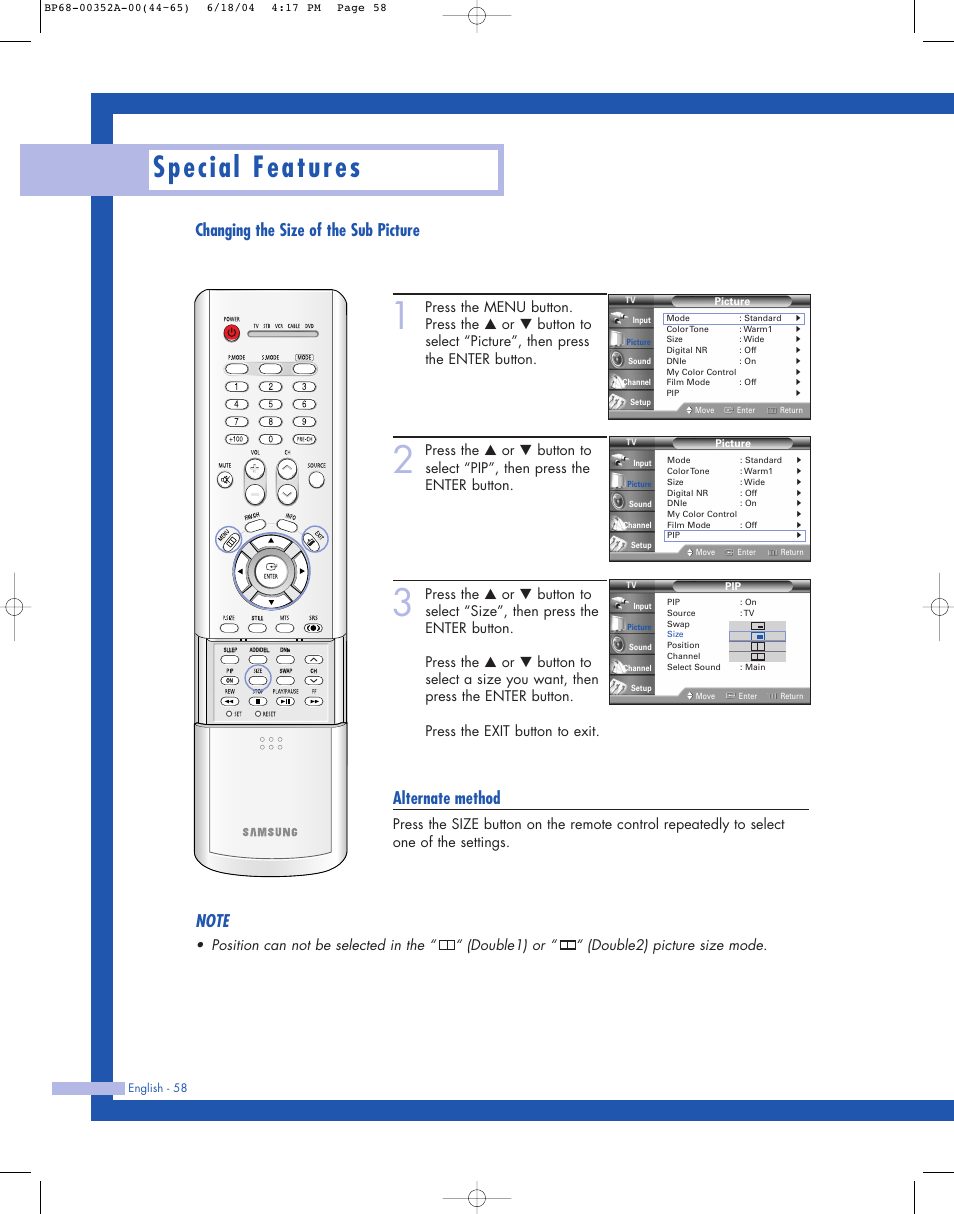 Special features, Changing the size of the sub picture, Alternate method | Samsung HL-P5085W User Manual | Page 58 / 91