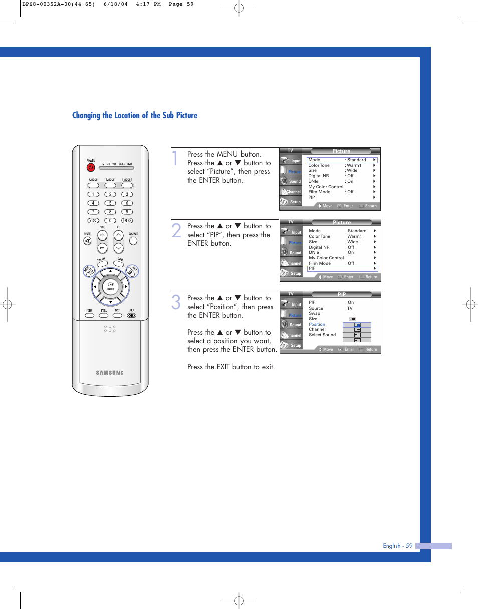 Changing the location of the sub picture | Samsung HL-P5085W User Manual | Page 59 / 91