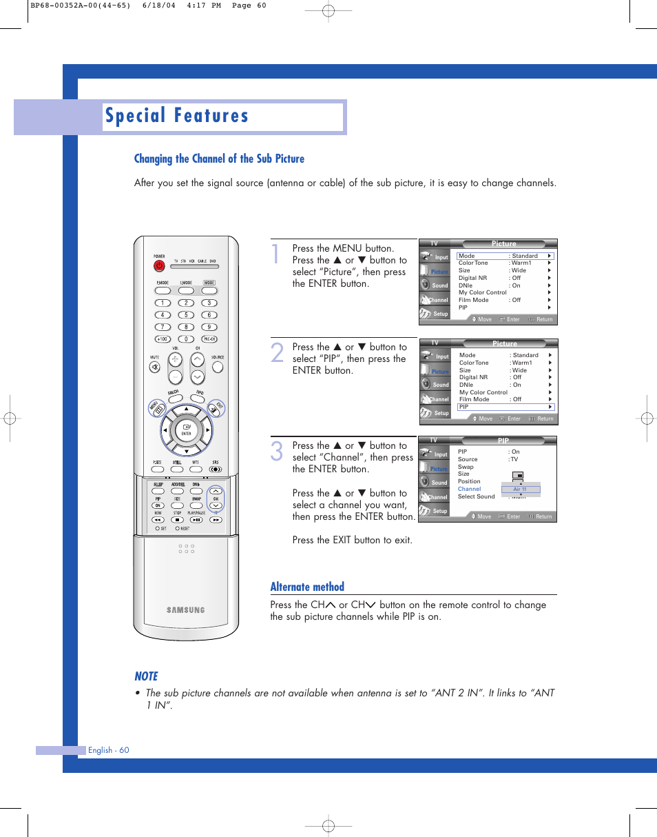 Special features, Changing the channel of the sub picture, Alternate method | Samsung HL-P5085W User Manual | Page 60 / 91