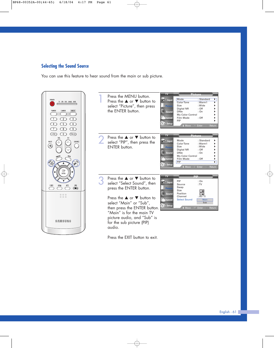 Selecting the sound source | Samsung HL-P5085W User Manual | Page 61 / 91