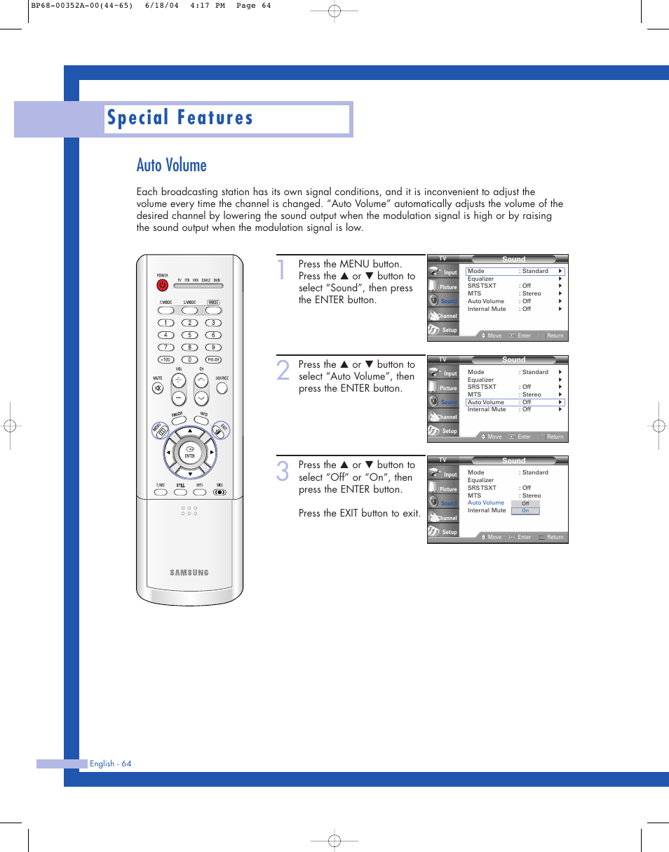 Special features, Auto volume | Samsung HL-P5085W User Manual | Page 64 / 91