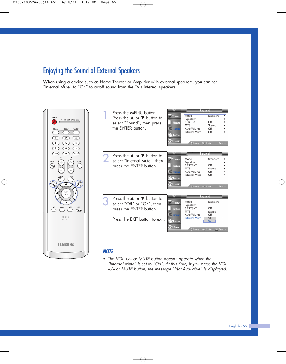 Enjoying the sound of external speakers | Samsung HL-P5085W User Manual | Page 65 / 91