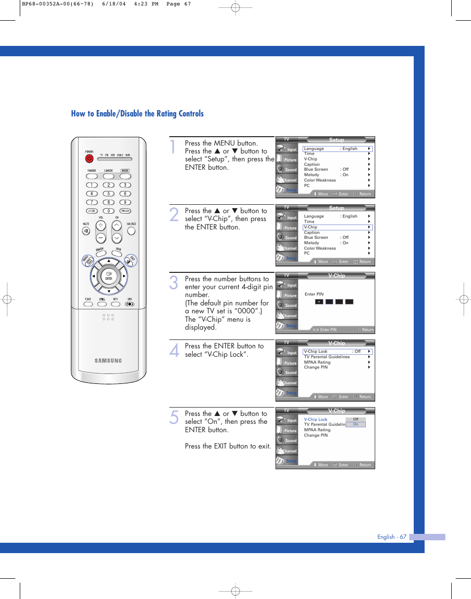 How to enable/disable the rating controls, Press the enter button to select “v-chip lock | Samsung HL-P5085W User Manual | Page 67 / 91