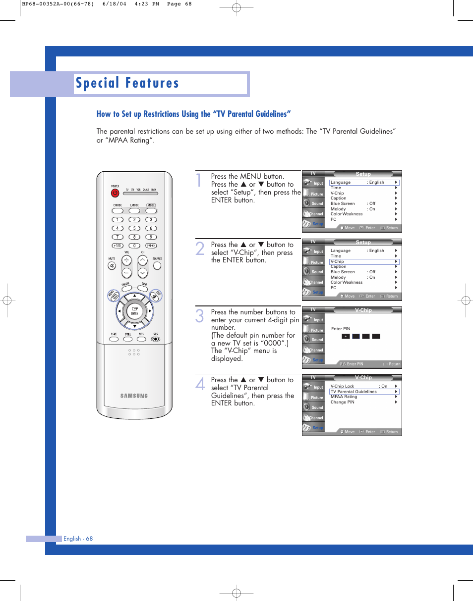 Special features | Samsung HL-P5085W User Manual | Page 68 / 91