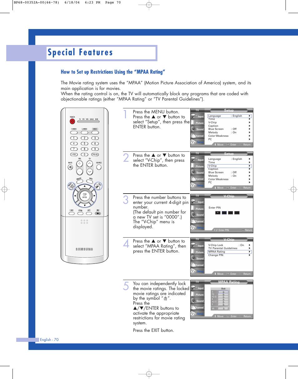 Special features, How to set up restrictions using the “mpaa rating | Samsung HL-P5085W User Manual | Page 70 / 91