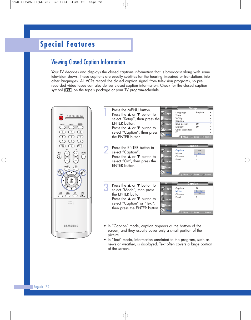 Special features, Viewing closed caption information | Samsung HL-P5085W User Manual | Page 72 / 91