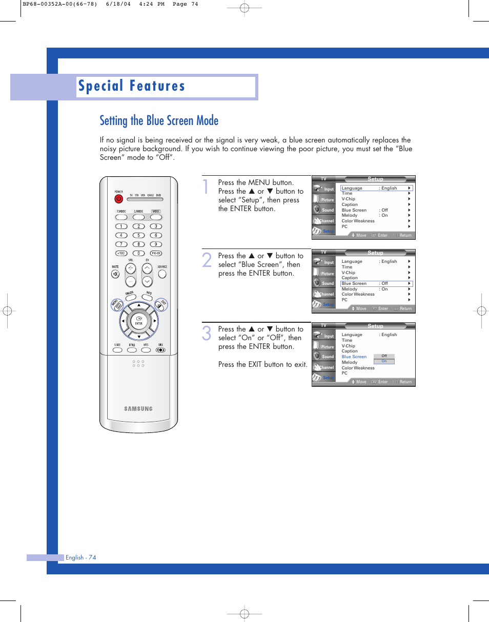 Special features, Setting the blue screen mode | Samsung HL-P5085W User Manual | Page 74 / 91