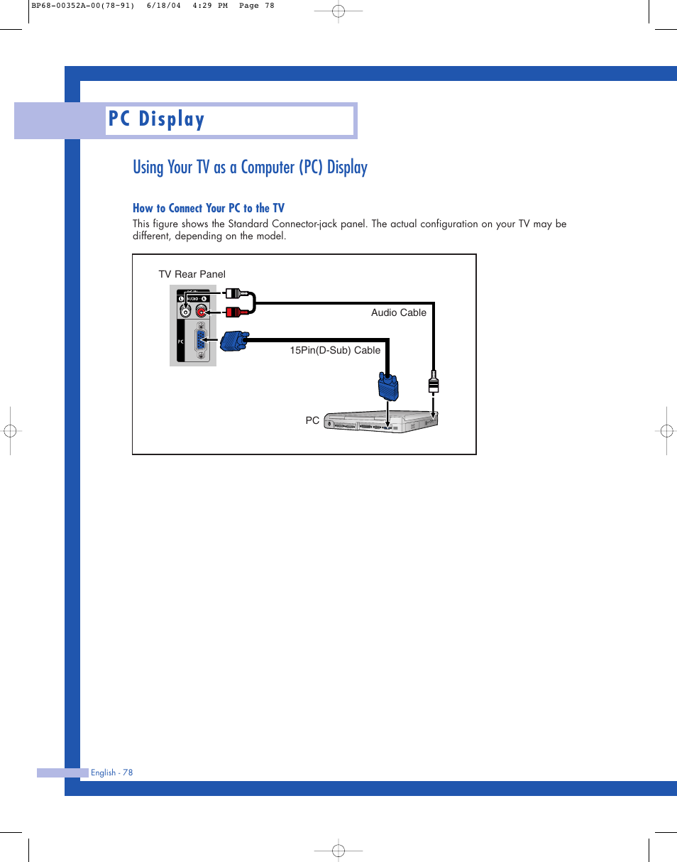 Pc display, Using your tv as a computer (pc) display | Samsung HL-P5085W User Manual | Page 78 / 91