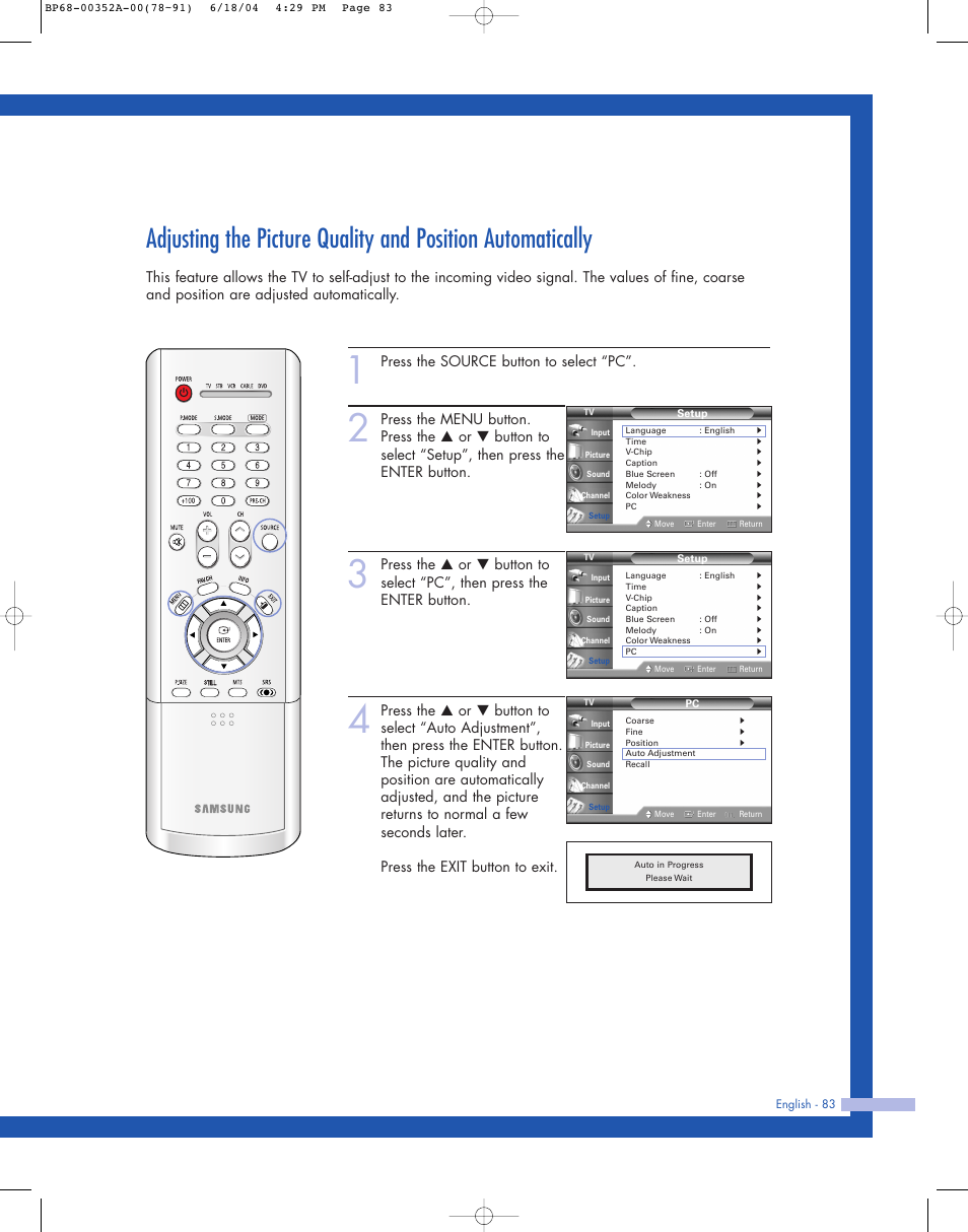 Press the source button to select “pc | Samsung HL-P5085W User Manual | Page 83 / 91