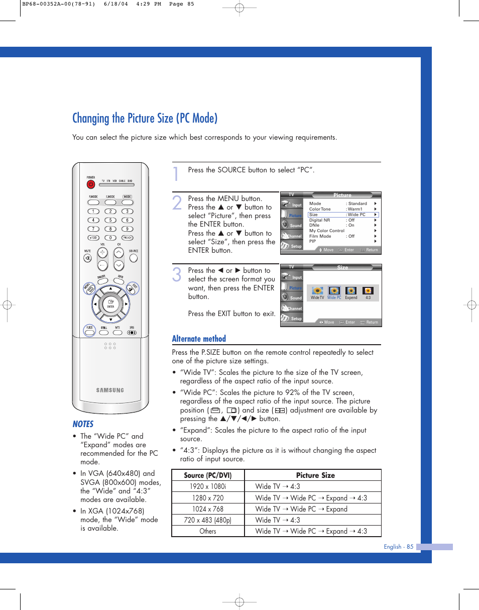 Changing the picture size (pc mode), Alternate method | Samsung HL-P5085W User Manual | Page 85 / 91