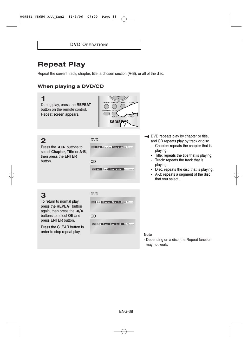 Repeat play, D v d o, When playing a dvd/cd | Samsung DVD-V8650 User Manual | Page 38 / 92