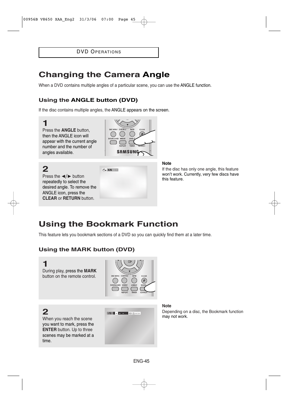 Changing the camera angle, Using the bookmark function | Samsung DVD-V8650 User Manual | Page 45 / 92