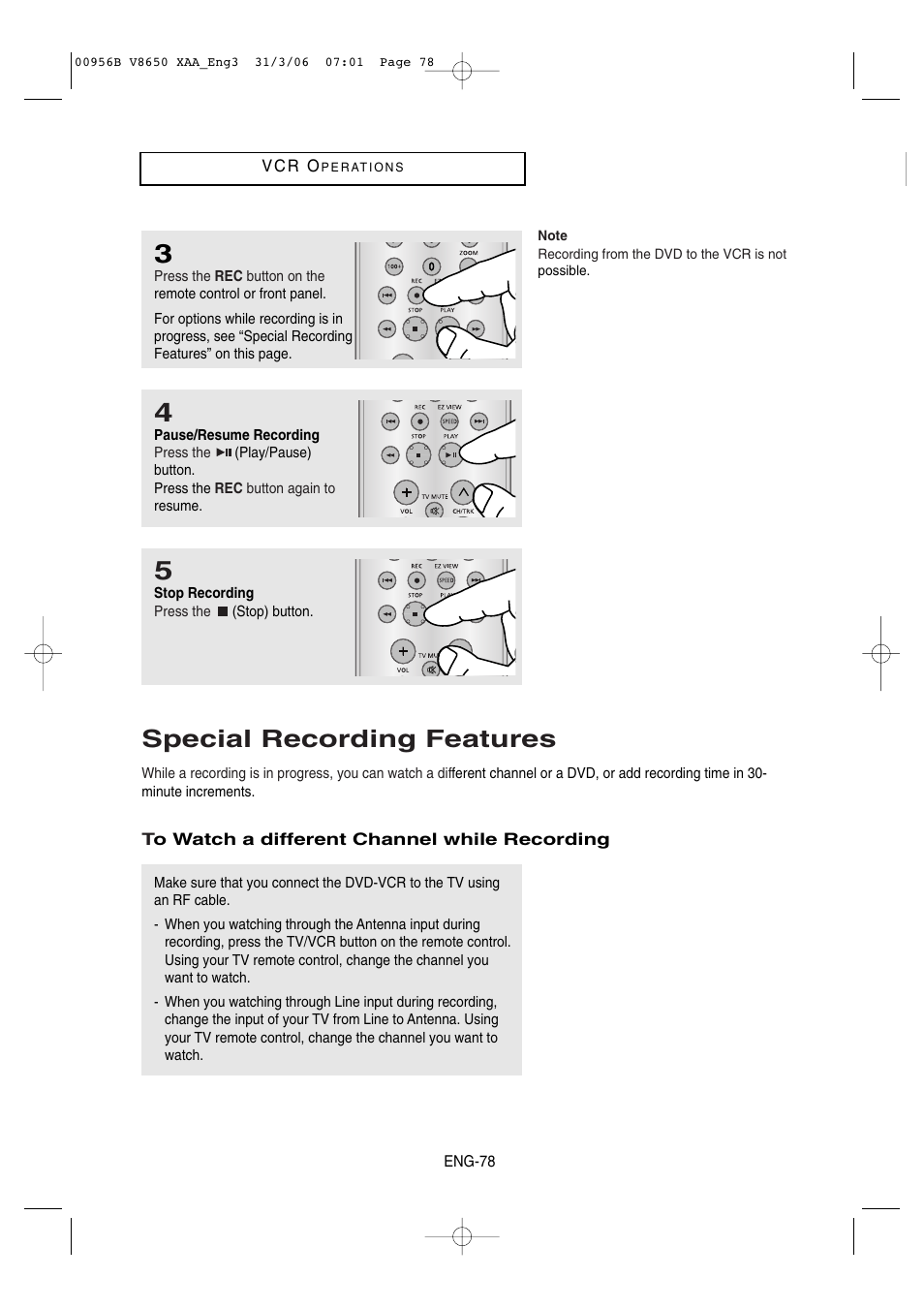 Special recording features | Samsung DVD-V8650 User Manual | Page 78 / 92