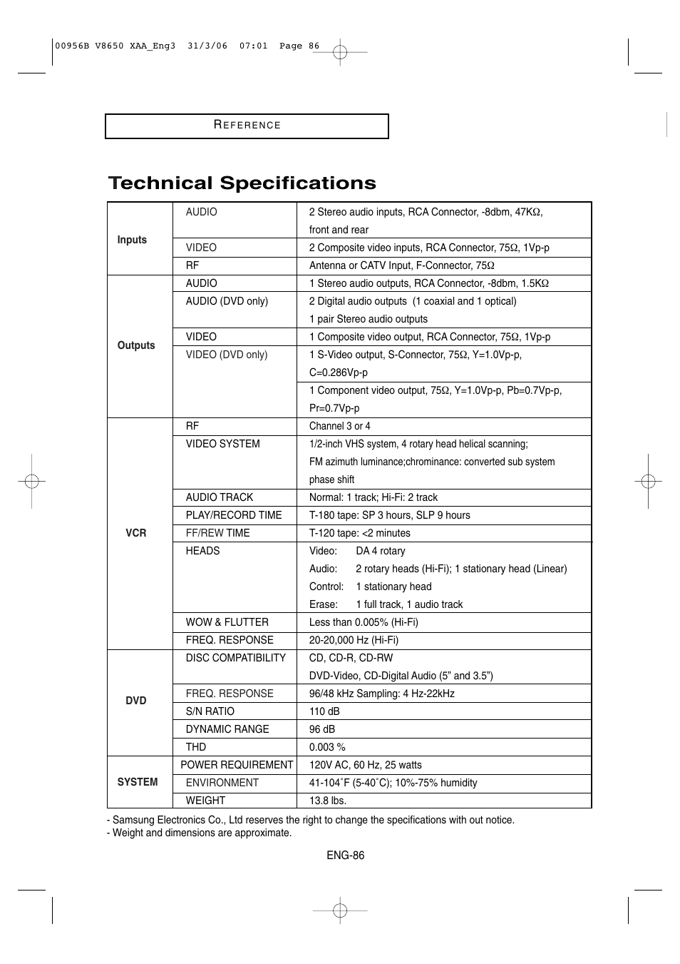 Technical specifications | Samsung DVD-V8650 User Manual | Page 86 / 92