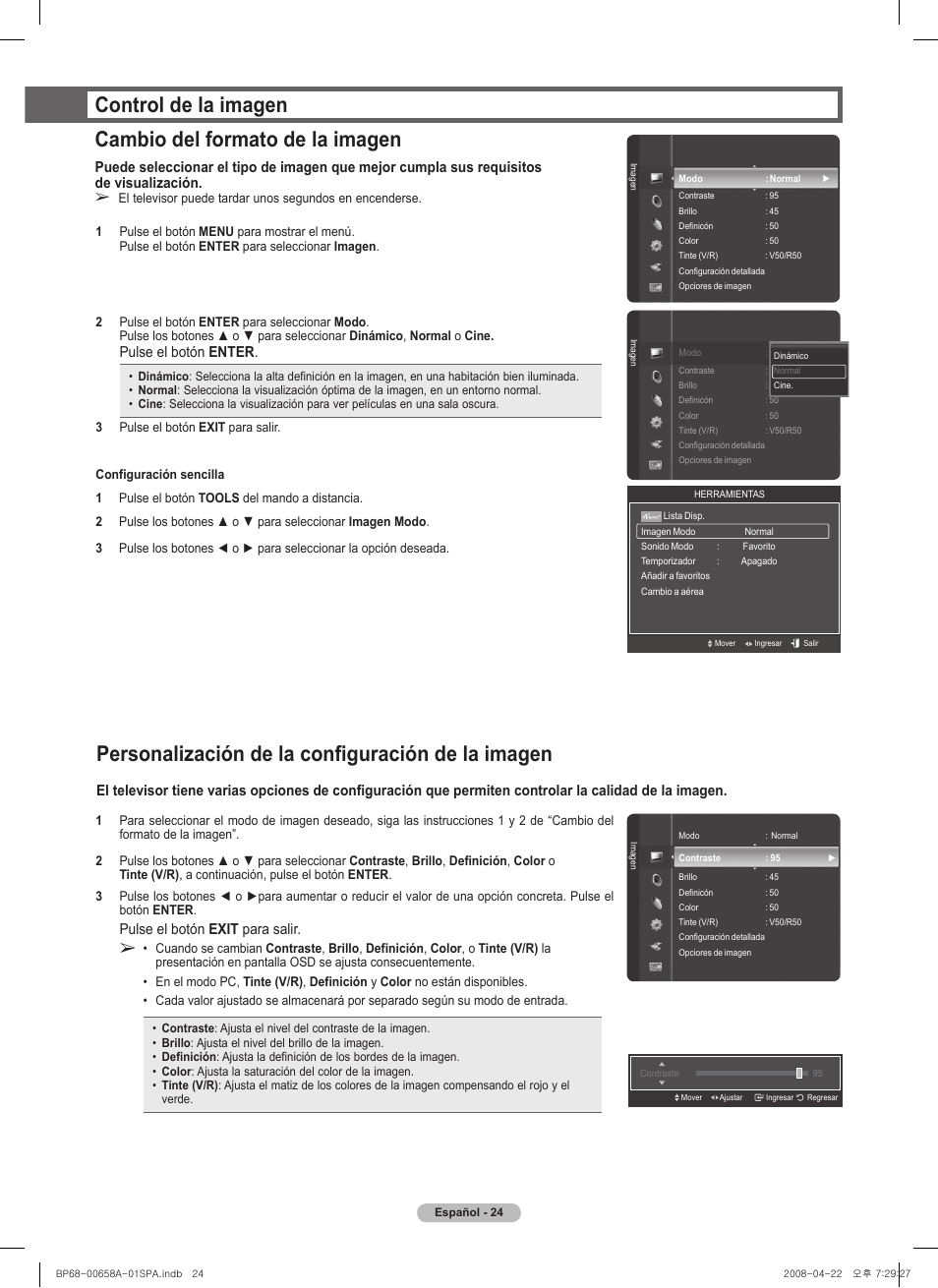 Personalización de la configuración de la imagen, Pulse el botón enter, Pulse el botón exit para salir | Samsung 750 Series User Manual | Page 124 / 195