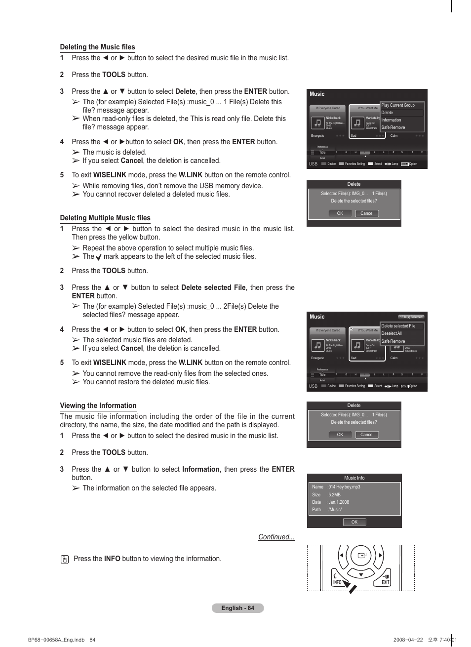 The music is deleted, The selected music files are deleted | Samsung 750 Series User Manual | Page 84 / 195