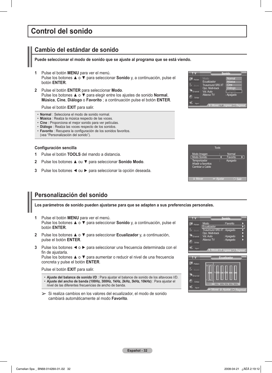 Control del sonido, Cambio del estándar de sonido, Personalización del sonido | Samsung 410 Series User Manual | Page 101 / 139