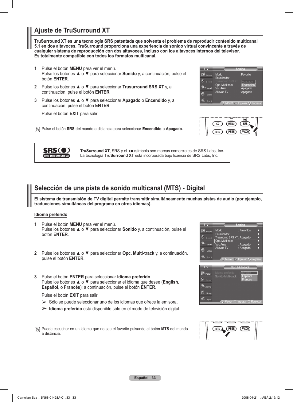 Ajuste de trusurround xt | Samsung 410 Series User Manual | Page 102 / 139