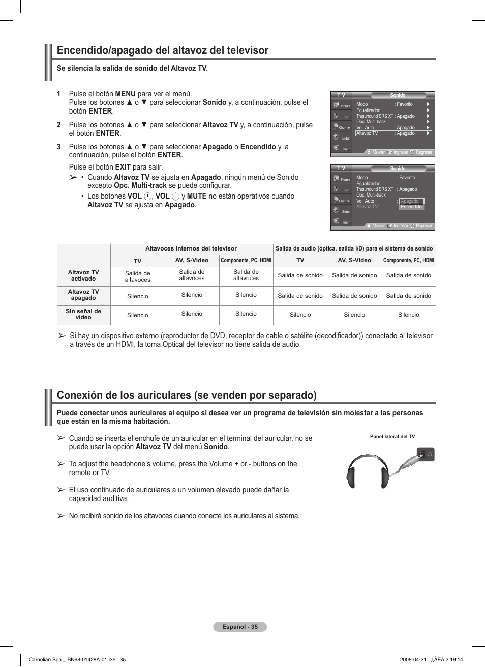 Encendido/apagado del altavoz del televisor | Samsung 410 Series User Manual | Page 104 / 139