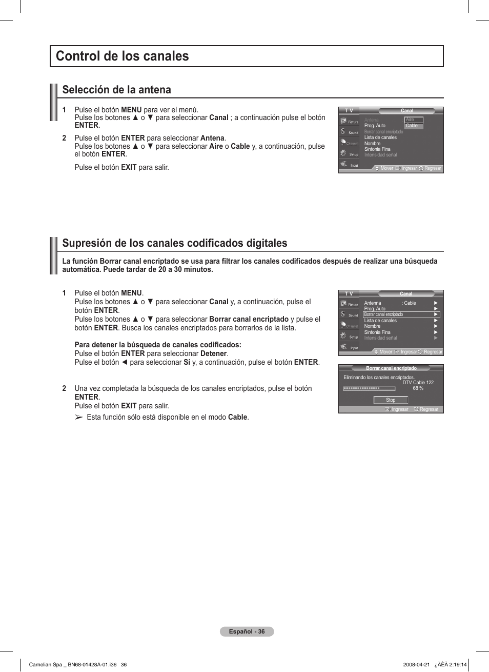 Control de los canales, Selección de la antena, Supresión de los canales codificados digitales | Samsung 410 Series User Manual | Page 105 / 139