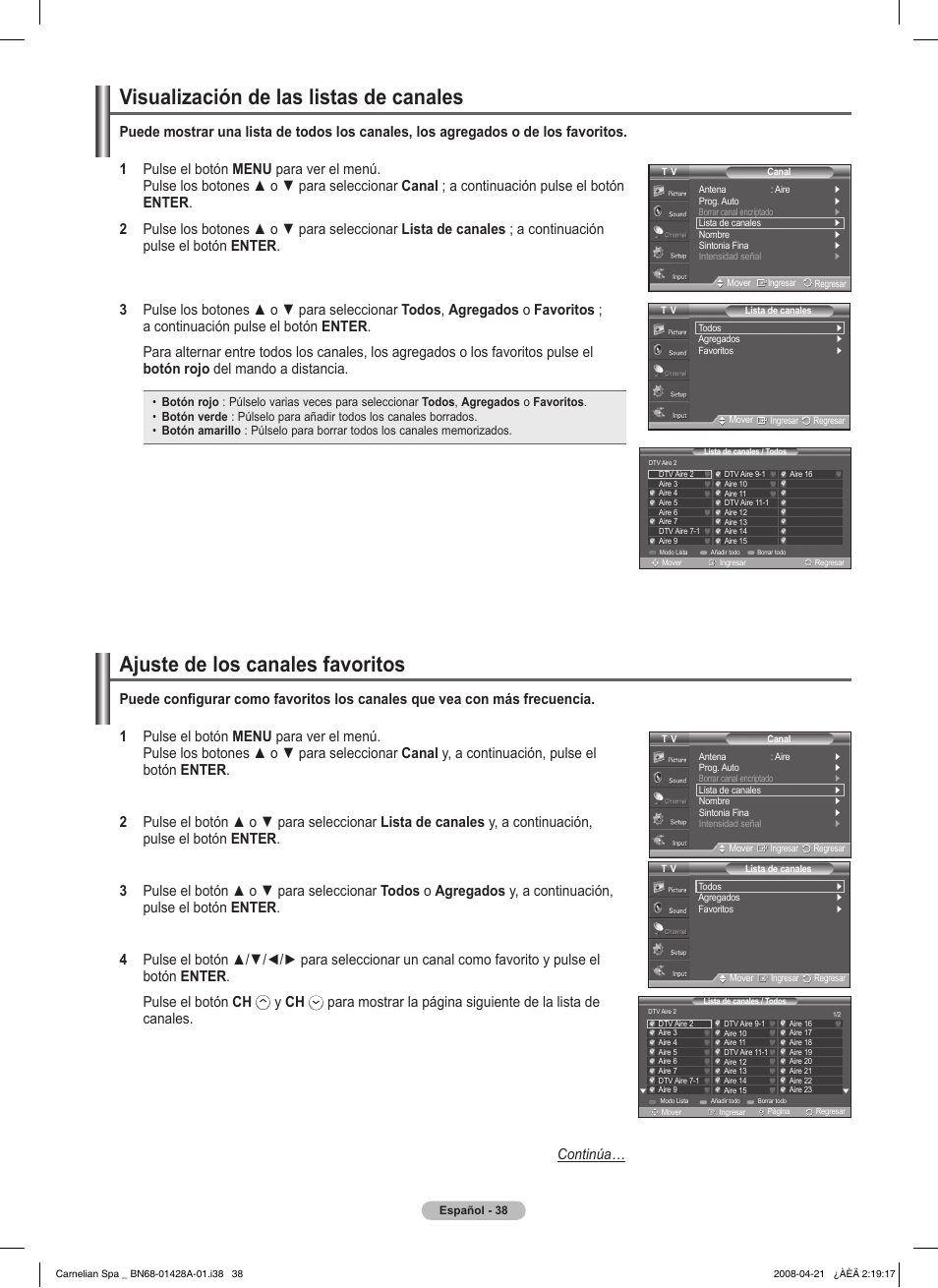 Visualización de las listas de canales, Ajuste de los canales favoritos | Samsung 410 Series User Manual | Page 107 / 139