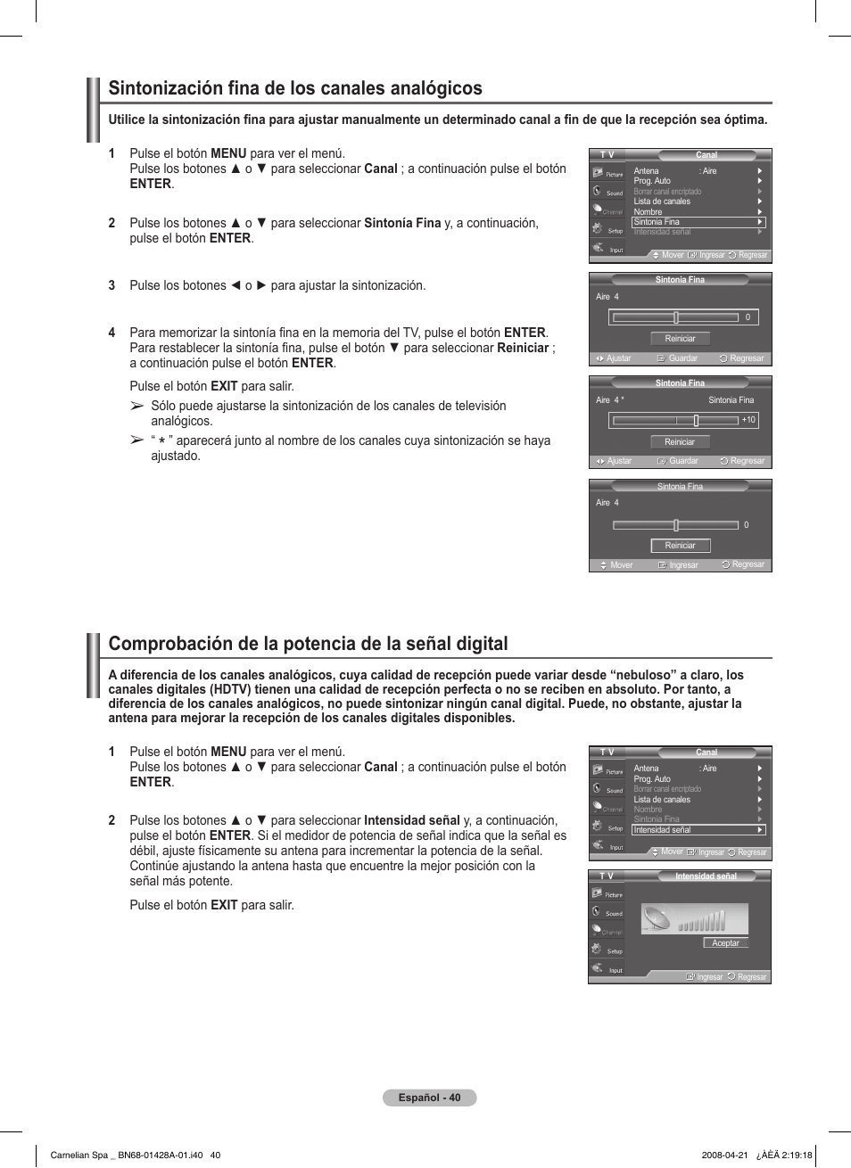 Comprobación de la potencia de la señal digital, Sintonización fina de los canales analógicos | Samsung 410 Series User Manual | Page 109 / 139