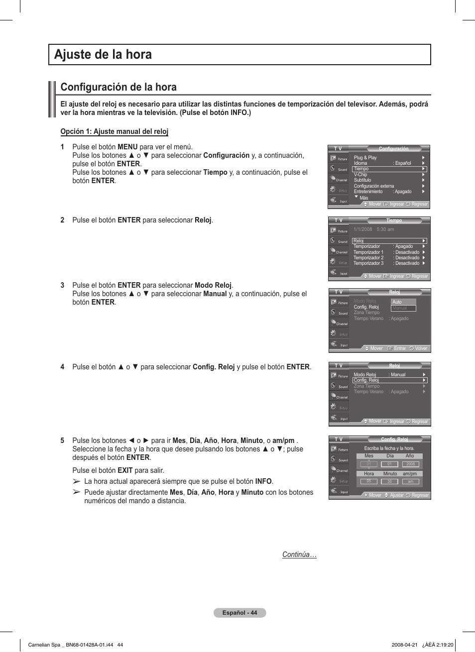Ajuste de la hora, Configuración de la hora | Samsung 410 Series User Manual | Page 113 / 139