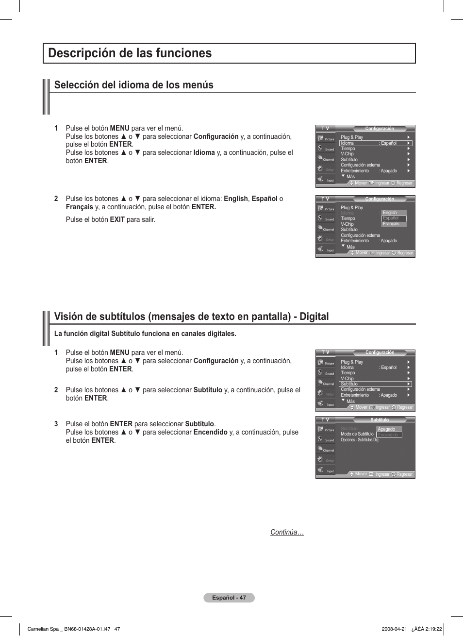 Descripción de las funciones, Selección del idioma de los menús | Samsung 410 Series User Manual | Page 116 / 139