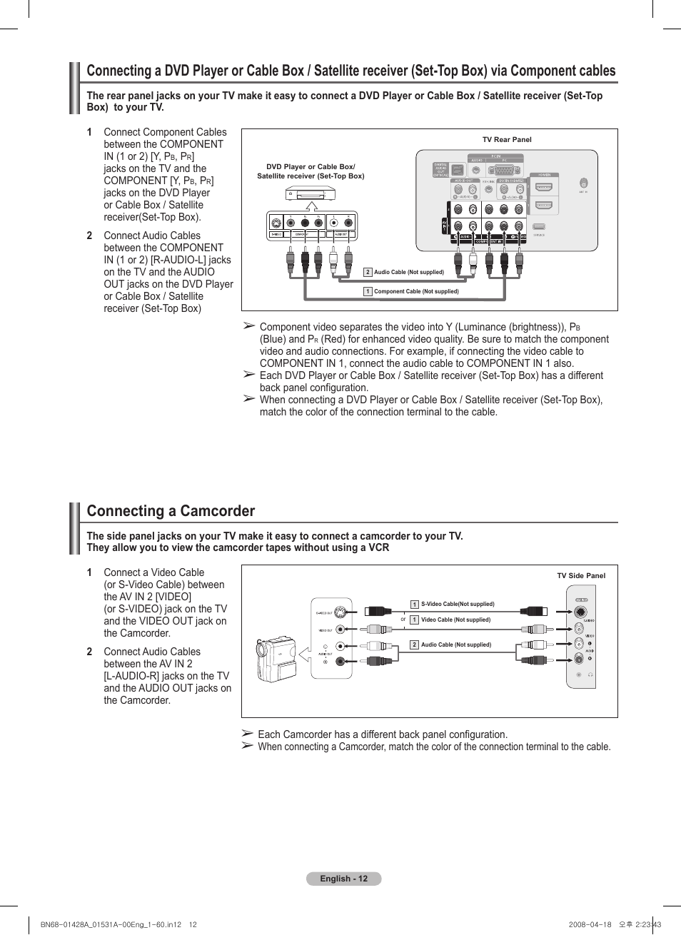 Connecting a camcorder | Samsung 410 Series User Manual | Page 12 / 139