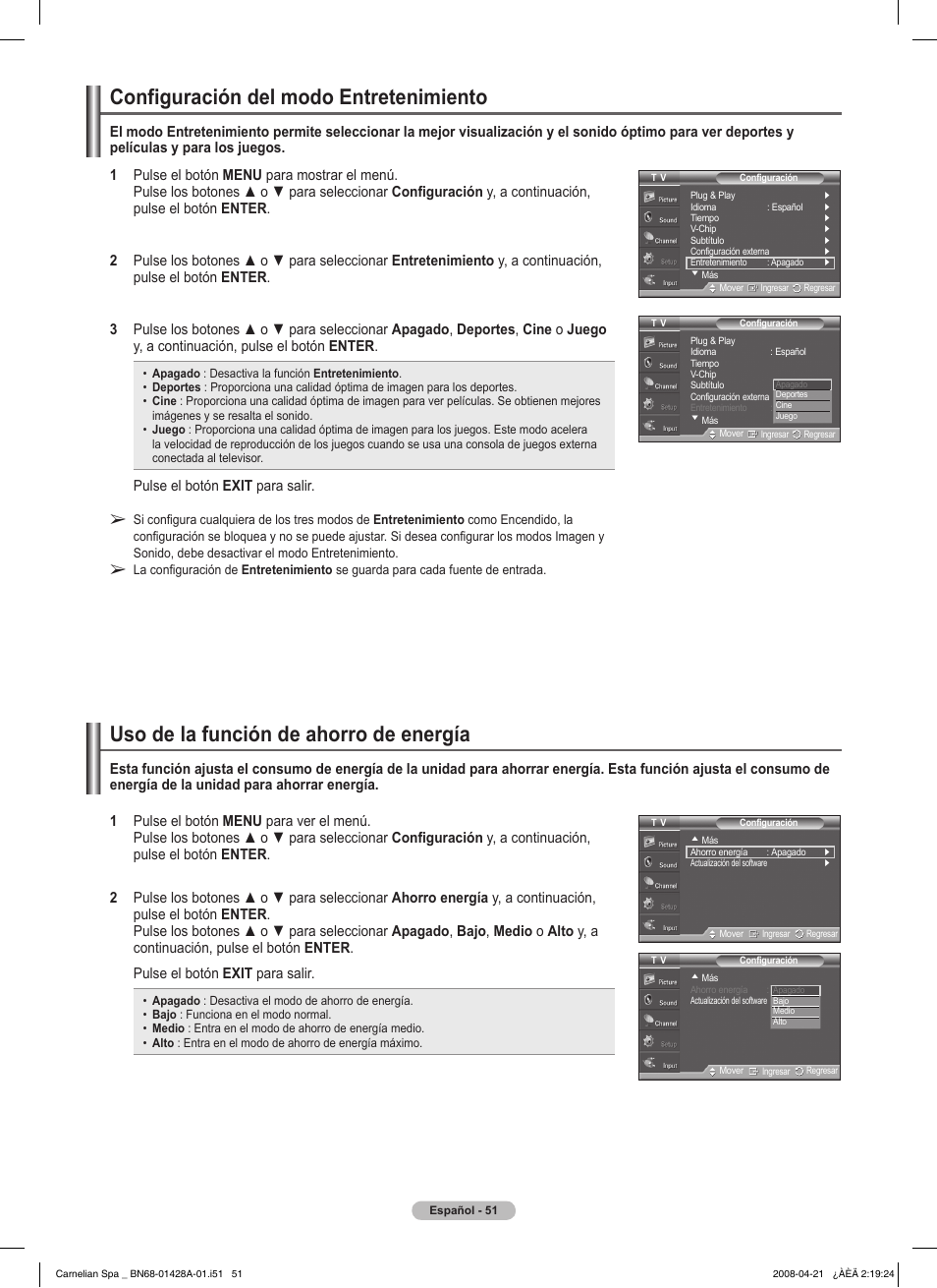 Uso de la función de ahorro de energía, Configuración del modo entretenimiento | Samsung 410 Series User Manual | Page 120 / 139