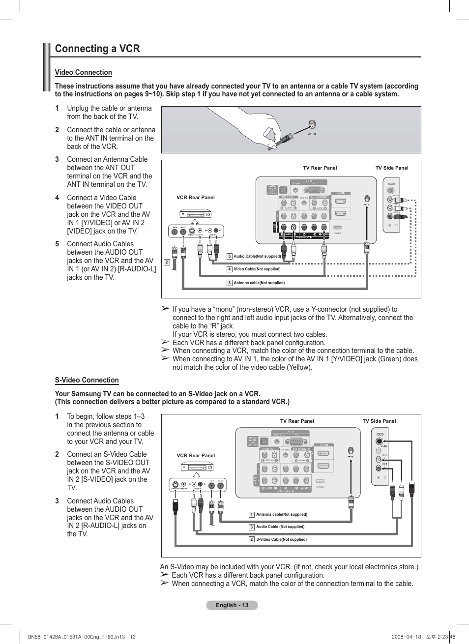 Connecting a vcr | Samsung 410 Series User Manual | Page 13 / 139