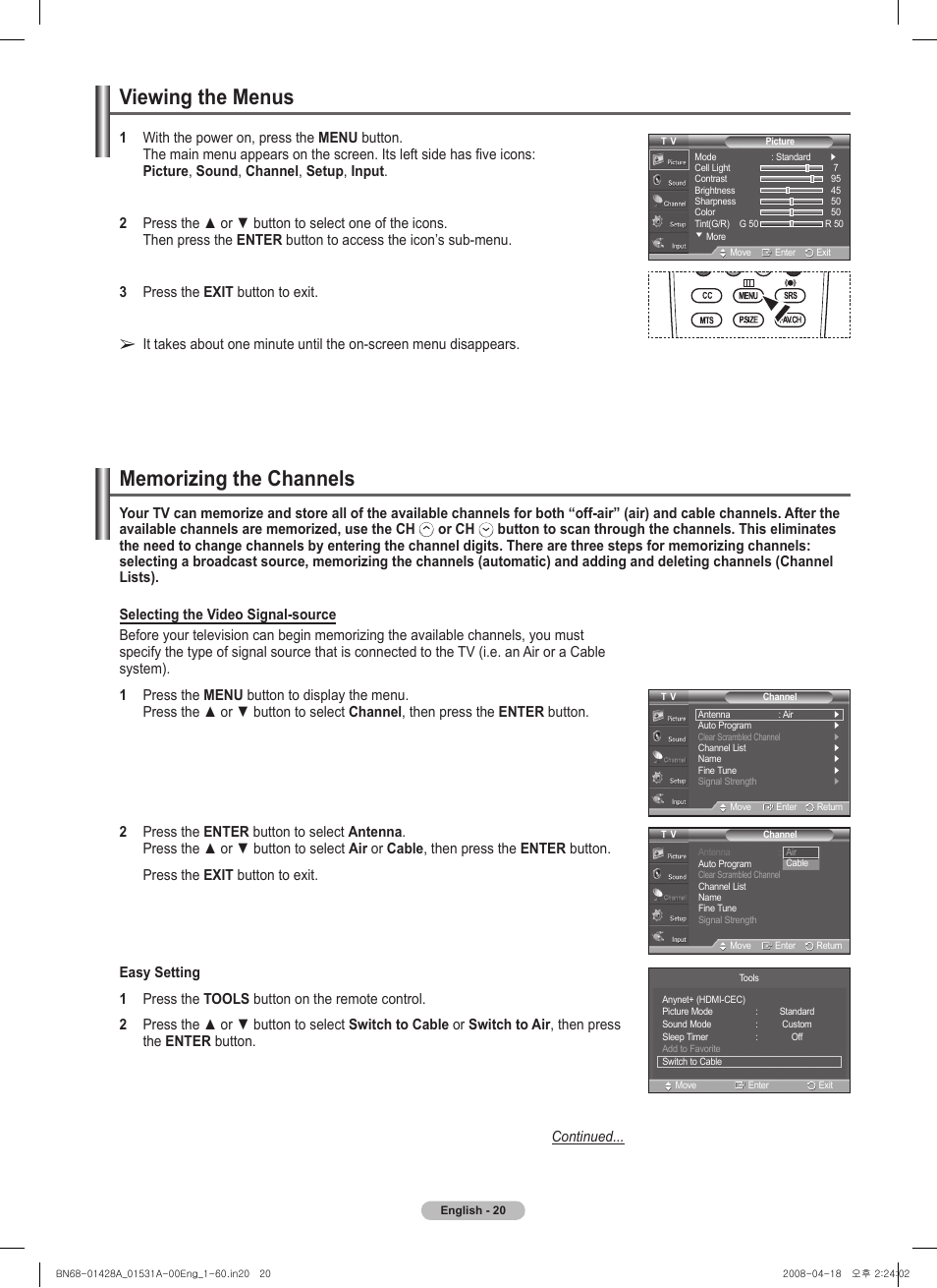 Viewing the menus, Memorizing the channels, Or ch | Samsung 410 Series User Manual | Page 20 / 139