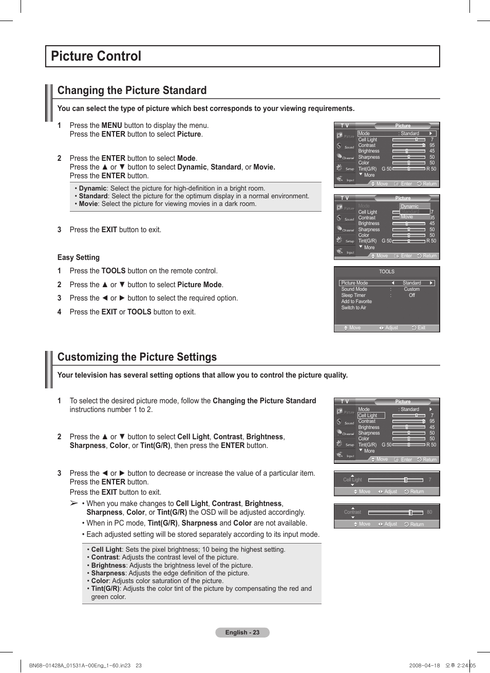 Picture control, Changing the picture standard, Customizing the picture settings | Samsung 410 Series User Manual | Page 23 / 139