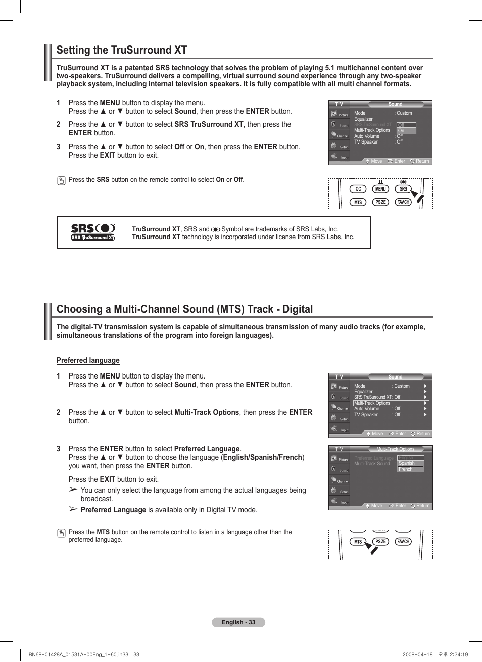 Setting the trusurround xt | Samsung 410 Series User Manual | Page 33 / 139