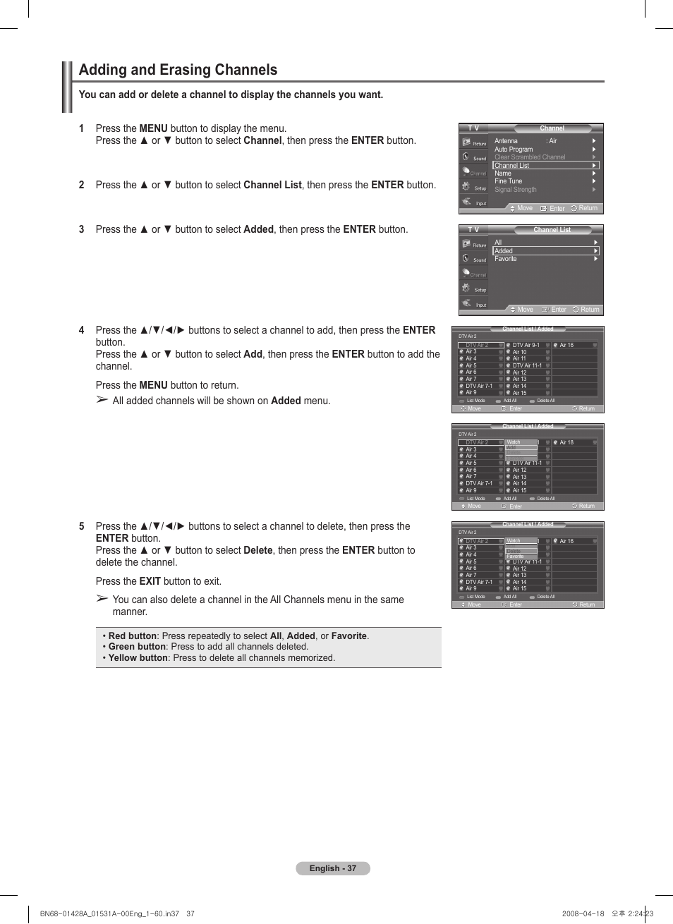 Adding and erasing channels | Samsung 410 Series User Manual | Page 37 / 139