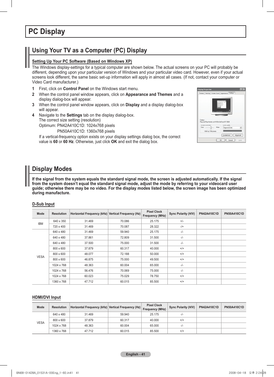 Pc display, Using your tv as a computer (pc) display, Display modes | Samsung 410 Series User Manual | Page 41 / 139
