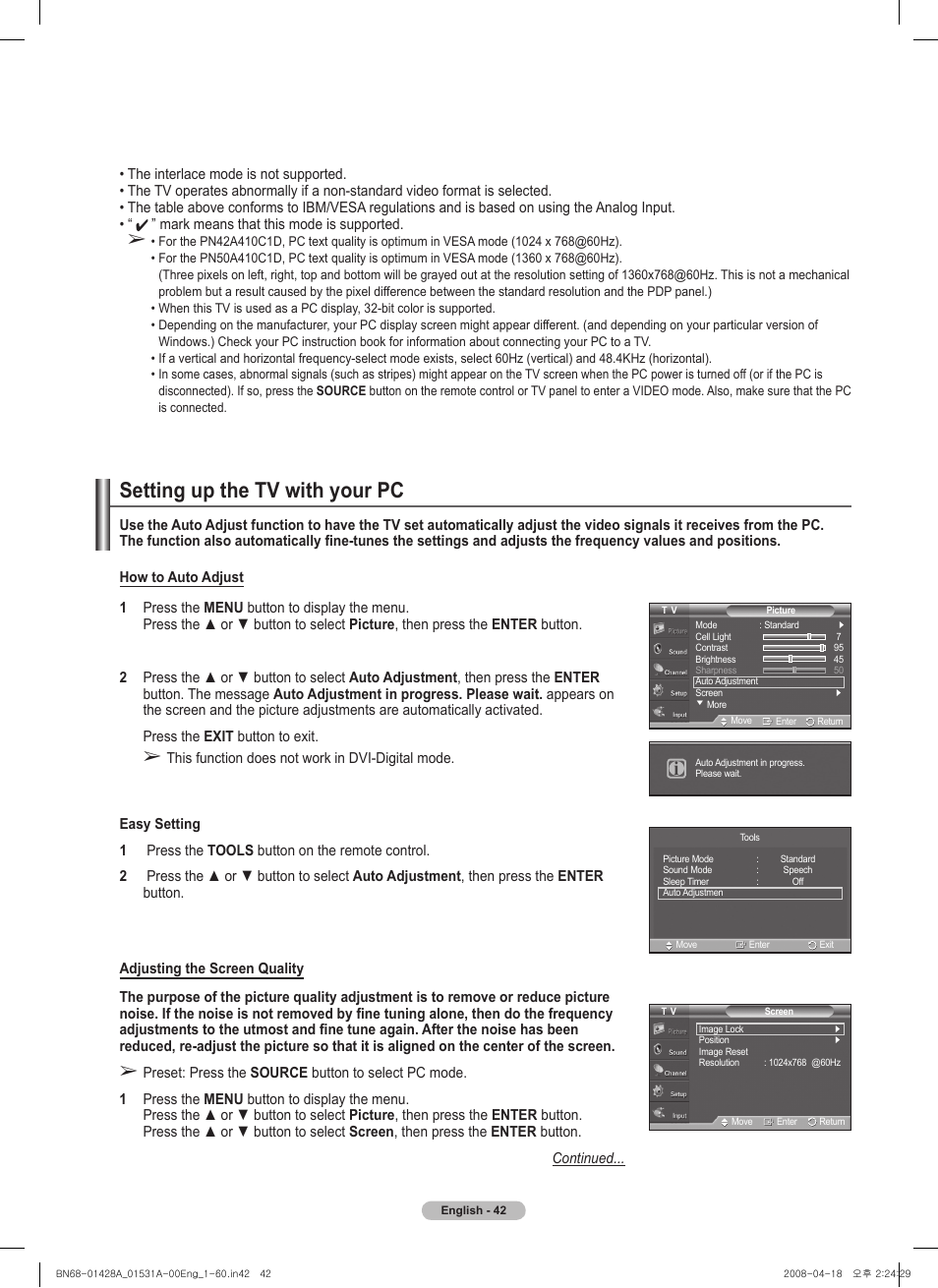Setting up the tv with your pc | Samsung 410 Series User Manual | Page 42 / 139