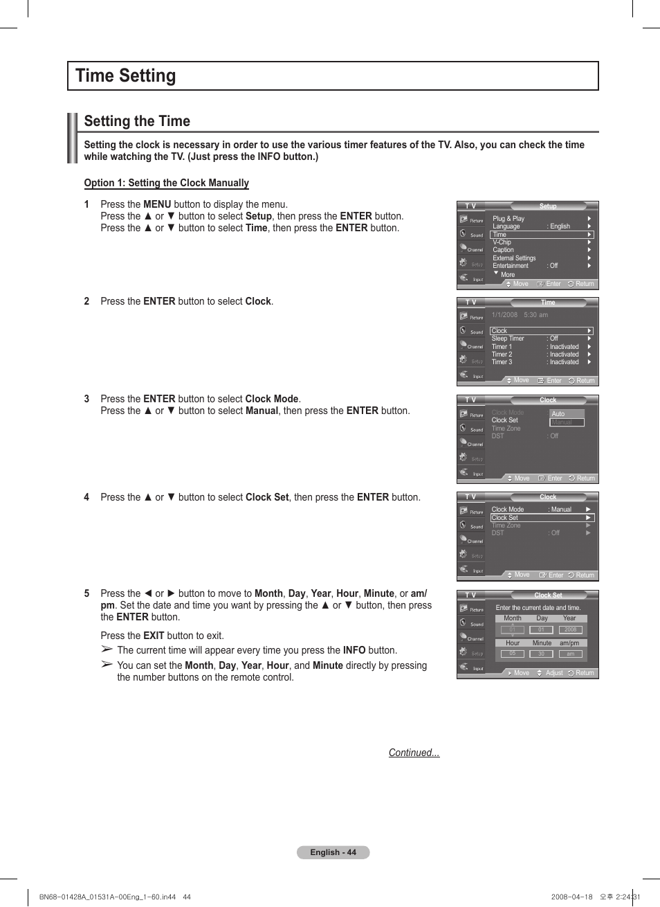 Time setting, Setting the time | Samsung 410 Series User Manual | Page 44 / 139