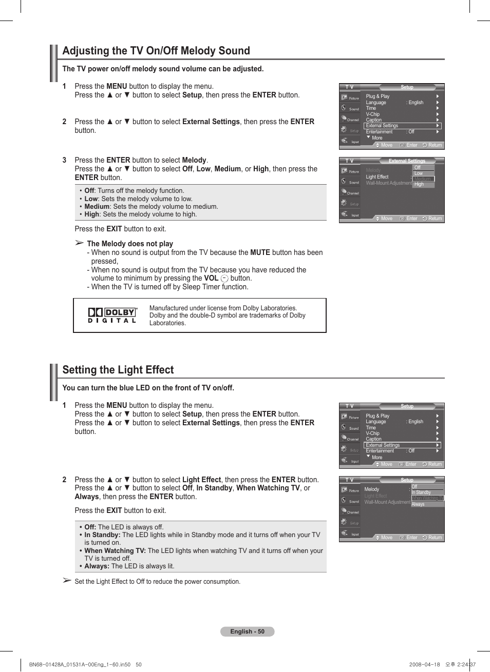 Adjusting the tv on/off melody sound, Setting the light effect | Samsung 410 Series User Manual | Page 50 / 139