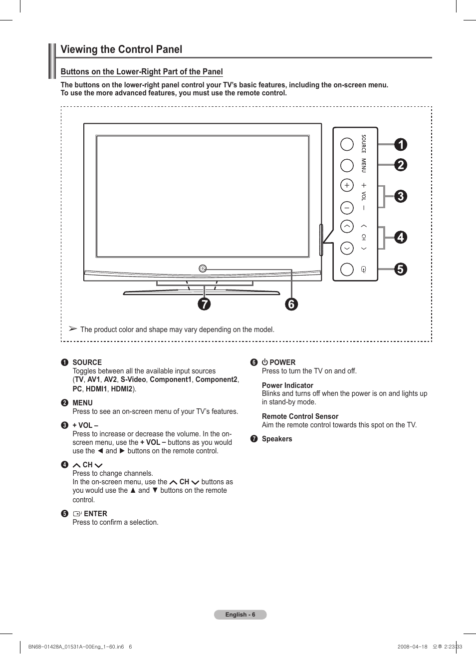 Viewing the control panel | Samsung 410 Series User Manual | Page 6 / 139