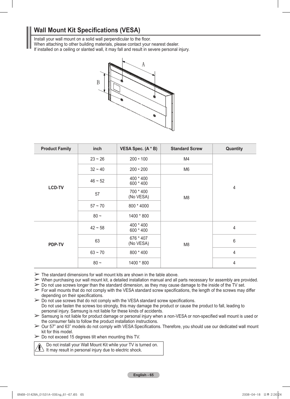 Wall mount kit specifications (vesa) | Samsung 410 Series User Manual | Page 65 / 139