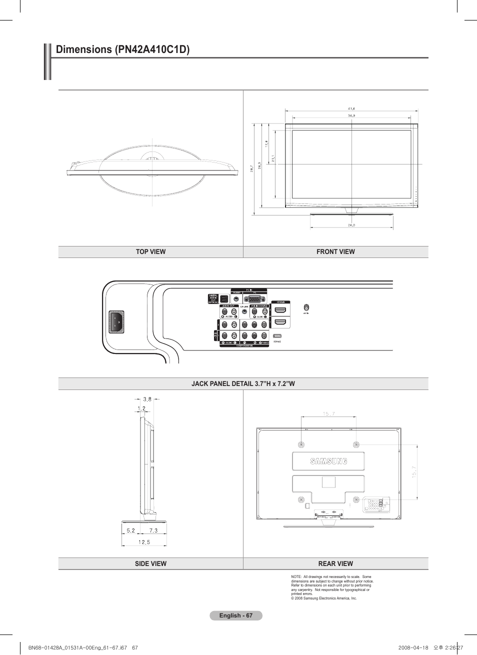 Dimensions (pn42a410c1d) | Samsung 410 Series User Manual | Page 67 / 139