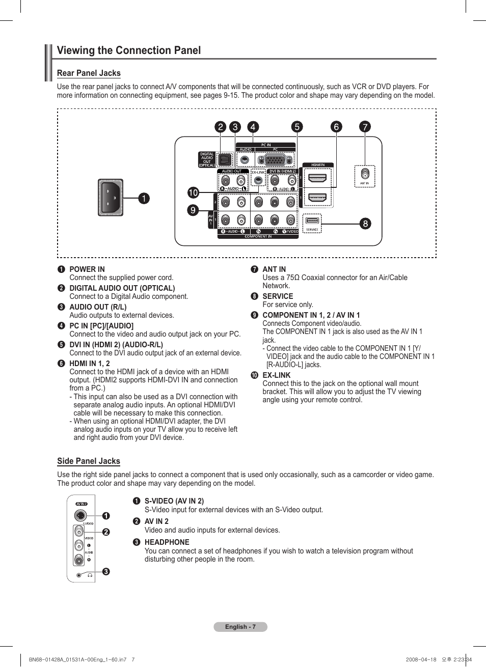 Viewing the connection panel | Samsung 410 Series User Manual | Page 7 / 139