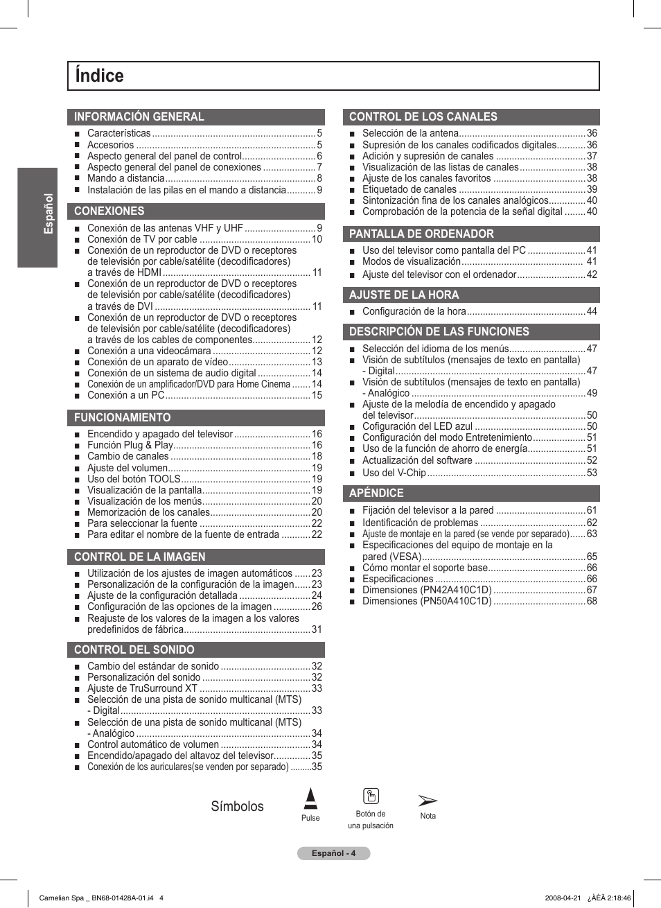 Índice, Símbolos | Samsung 410 Series User Manual | Page 73 / 139