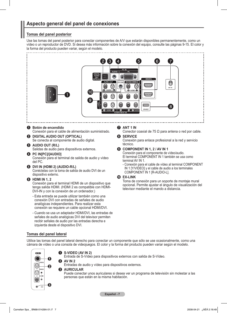Aspecto general del panel de conexiones | Samsung 410 Series User Manual | Page 76 / 139