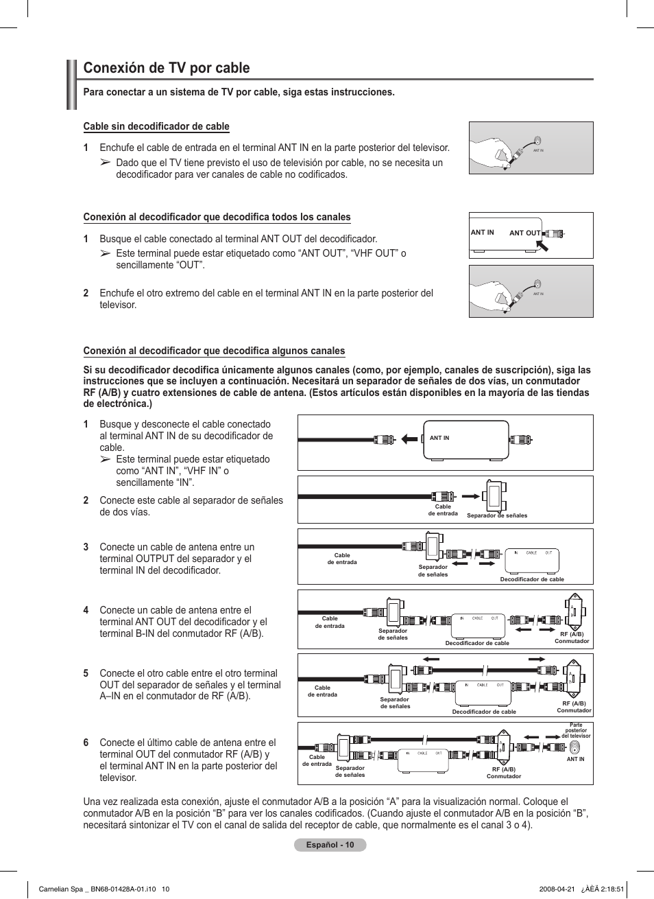 Conexión de tv por cable | Samsung 410 Series User Manual | Page 79 / 139