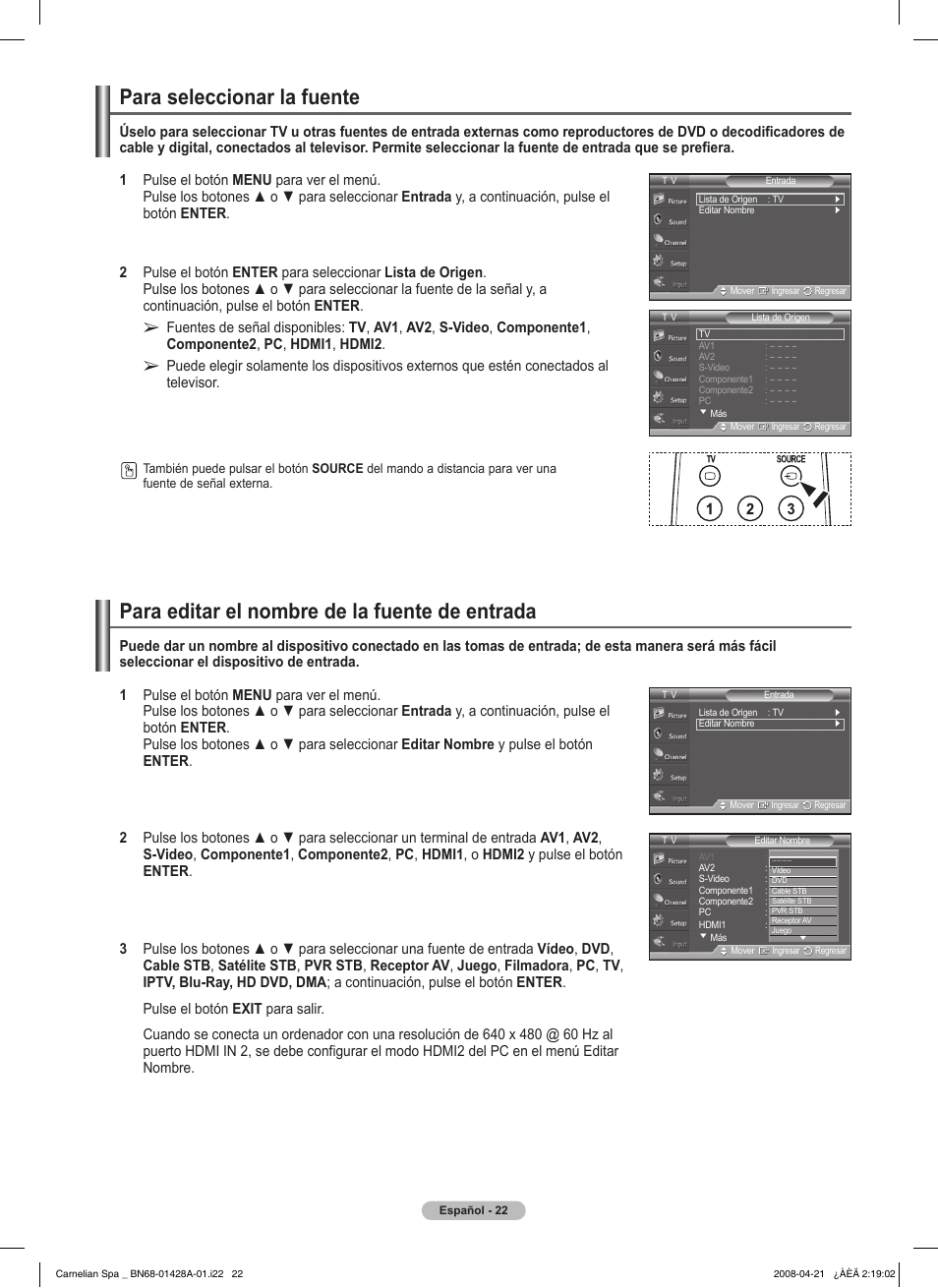 Para seleccionar la fuente, Para editar el nombre de la fuente de entrada | Samsung 410 Series User Manual | Page 91 / 139