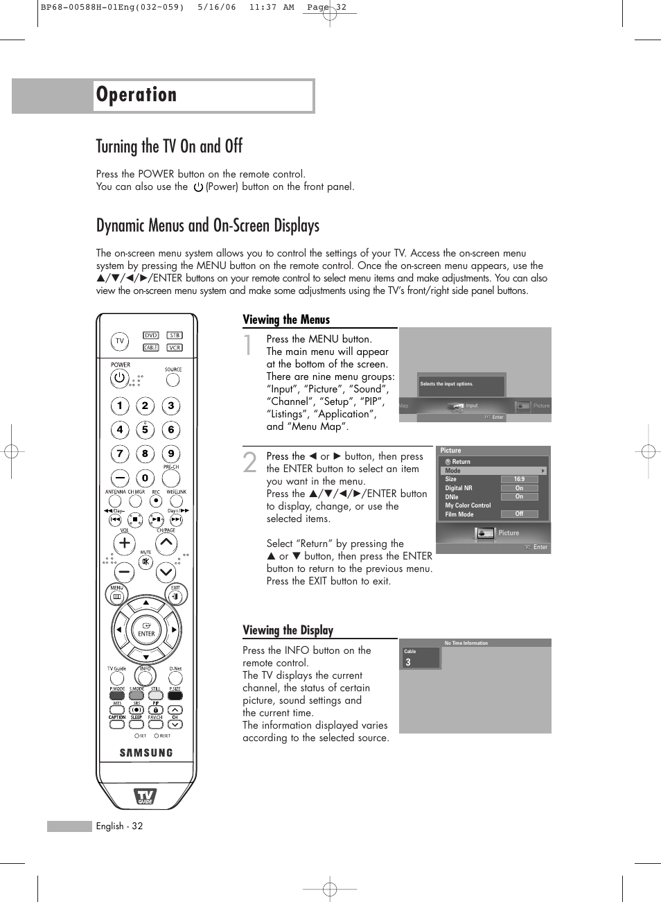 Turning the tv on and off, Dynamic menus and on-screen displays, Operation | Viewing the menus, Viewing the display | Samsung HL-S6188W User Manual | Page 32 / 160